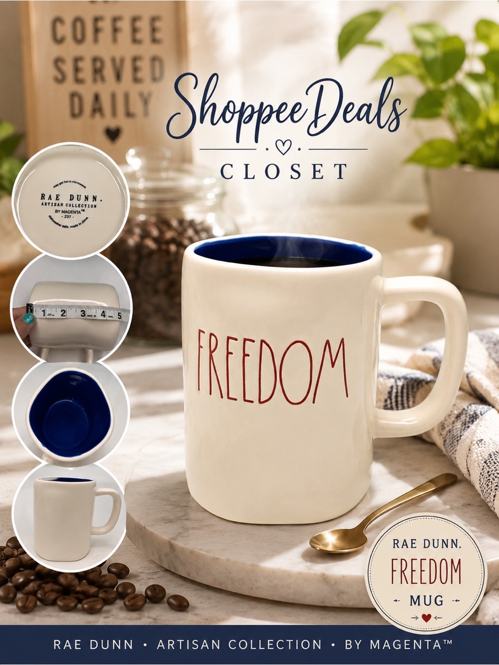 Rae Dunn FREEDOM Mug Artisan Collection Blue Interior Red Lettering NWOT